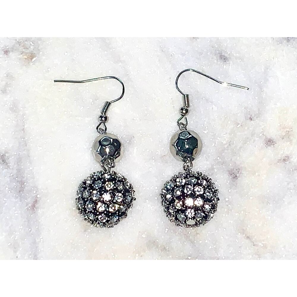 Silver Tone Pave Crystal Disco Ball Dangle Drop Earrings